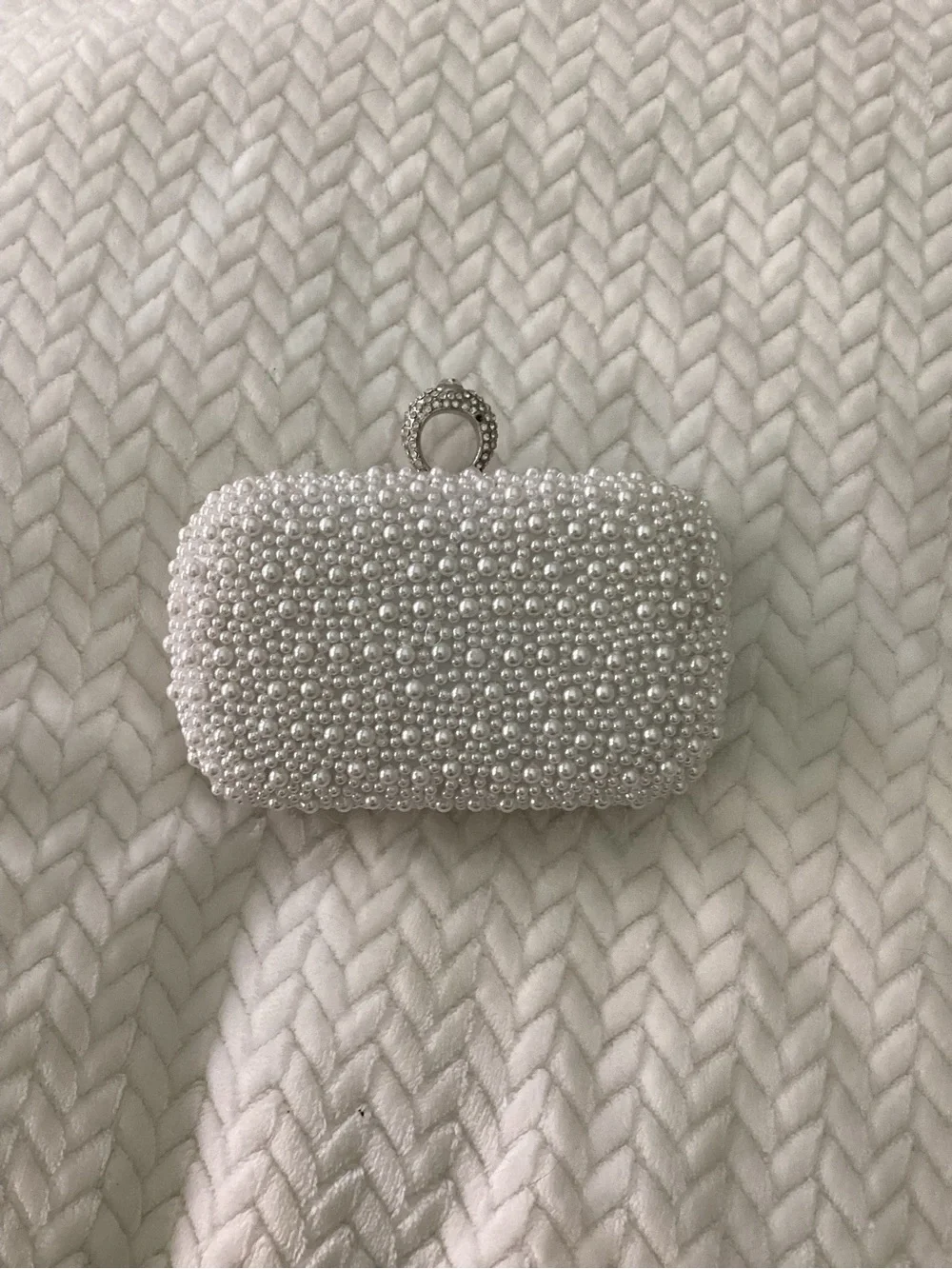 Pearl-Embellished White Clutch Bag